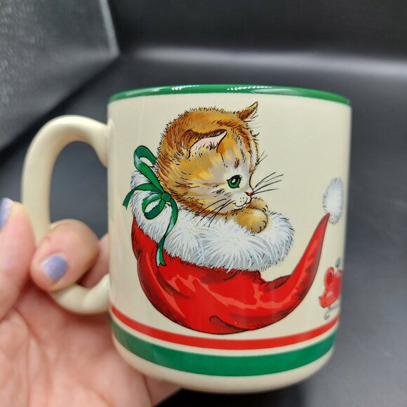 Vintage 1989 Potpourri Press Tabby Kitten Cat Santa Christmas Holiday Coffee Mug - Picture 4 of 8